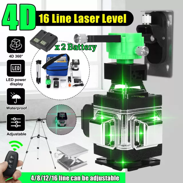 4D Laser Level 16-Line Auto Self Leveling Rotary Cross Measure Tripod +2 Battery