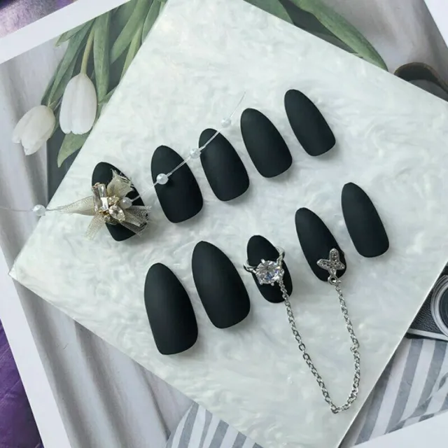 3D Gothic Black Matte Rhinestones Chain Stiletto Press On Nails Fake Nails