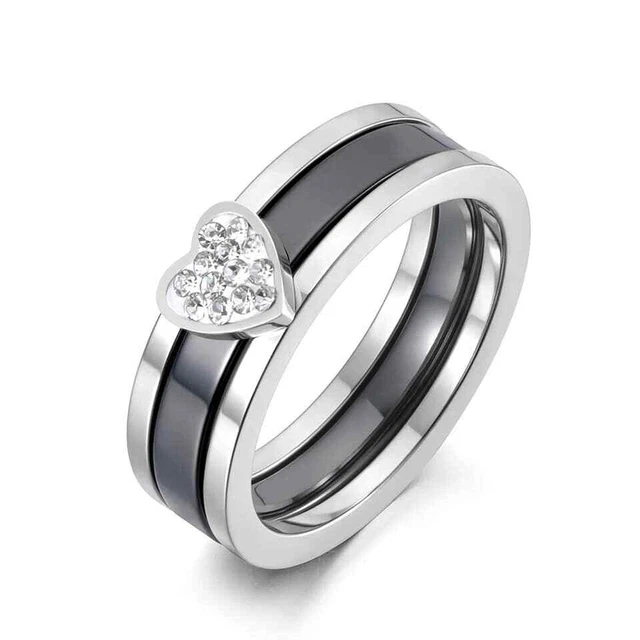 Bague anneau céramique et acier inoxydable blanc argent zircon