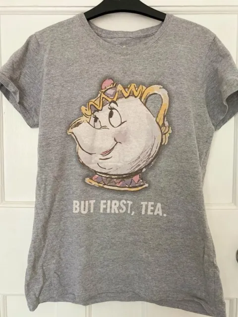 Primark Disney Mr Pots 'But First Tea' Beauty & the Beast Grey T-Shirt UK M