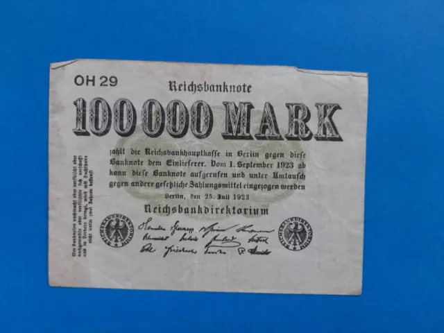 1 x 100 000 Mark Reichsbanknote /  Banknote Geldschein vom 25.07.1923