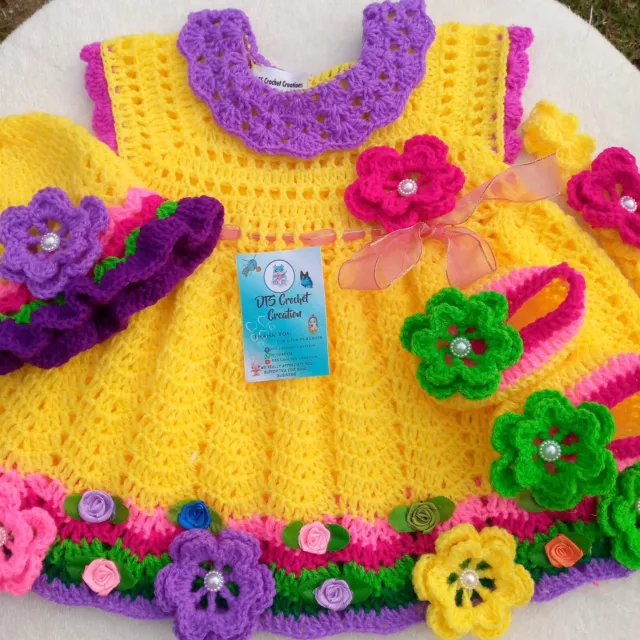 Crochet baby girl dress newborn baby girl outfit yellow colour with hat