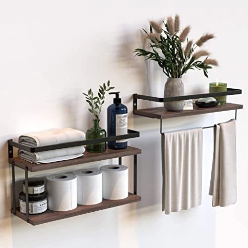 2+1 Tier Wall Mounted Floating Shelves Set of 2, Rustic Wood Wal...