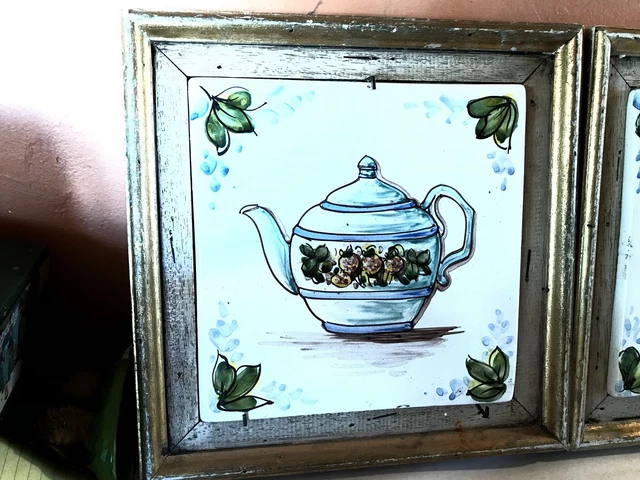 Vintage framed 8” hand-painted TEAPOT ceramic tile,strawberries,TiLE A