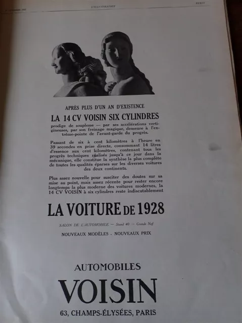 VOISIN 14 CV 6 cyl automobile  publicité papier ILLUSTRATION AUTO 1927 col