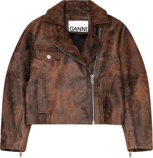 GANNI Washed Leather Jacket In Cognac