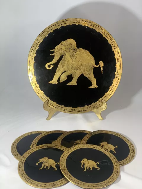 Antique Burmese Black Lacquerware Gold Elephant Motif Serving Tray & 6 coasters 6