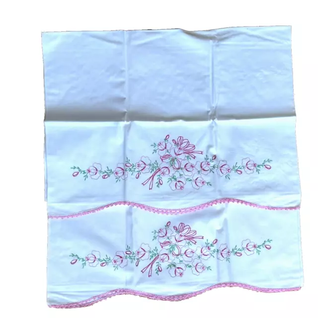 Pair of Standard Pink Floral Hand Embroidered Pillow Cases w/Pink Crocheted Edge