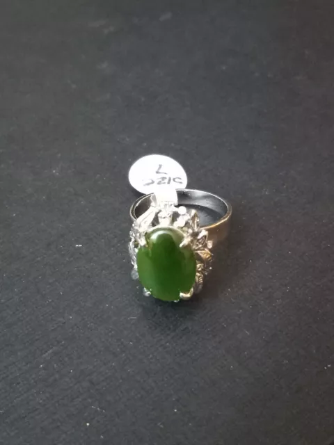 Vintage Rhodium Plated Sterling Silver Nephrite Jade Ring