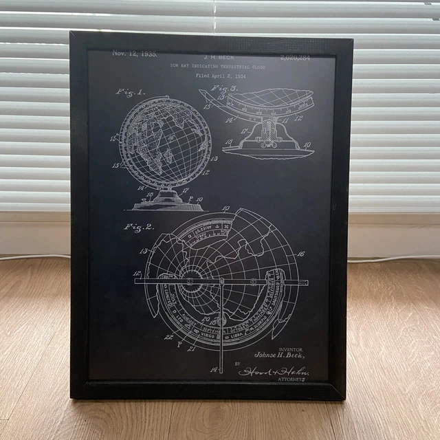 Sun Ray Indicating Terrestrial Globe 1934 patent poster 30x40cm (framed)