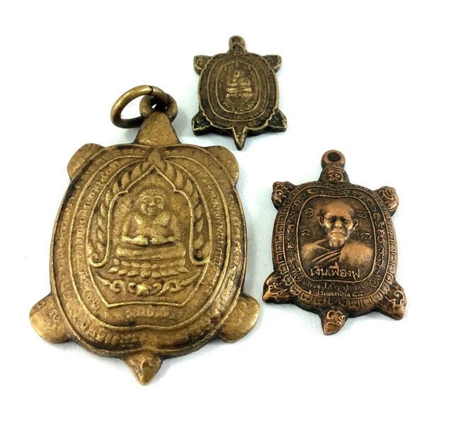 Rare 3 TURTLE Coins LP LIEW Holy TALISMAN Thai Amulet Power Old Coin Pendant p3