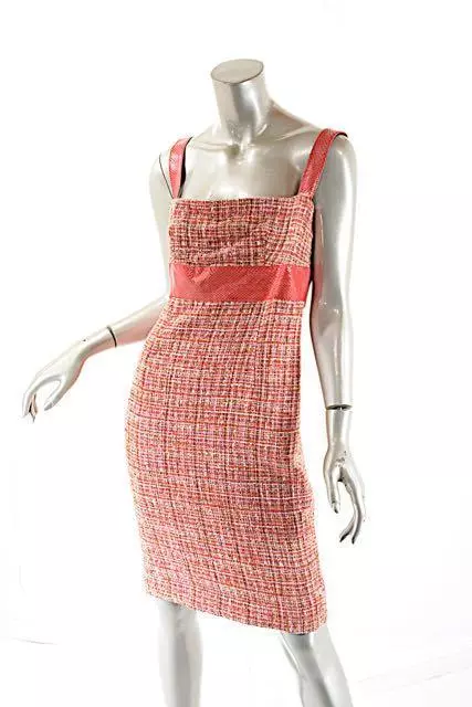 DOLCE & GABBANA Coral Ivory Tweed Cotton Blend Dress Pink Snakeskin trim  44 US8