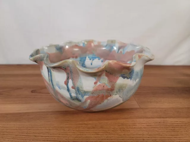 Hand Painted Scalloped Edge Pottery Bowl - Blue Pink White - Signed