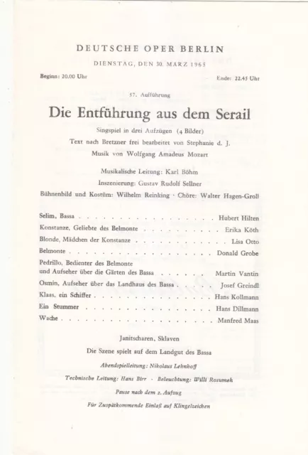 Opera Programme 1965 Berlin Entführung Karl Böhm Erika Köth Greindl Grobe