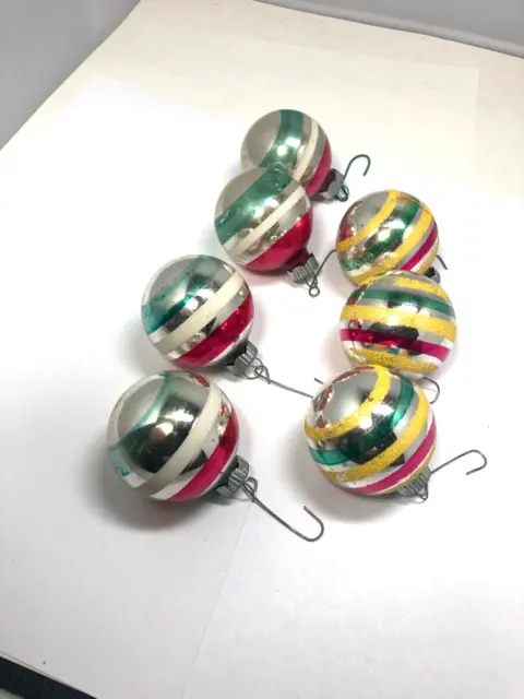 7 Vintage Mercury Glass Striped Christmas Tree Ornaments Shiny Brite