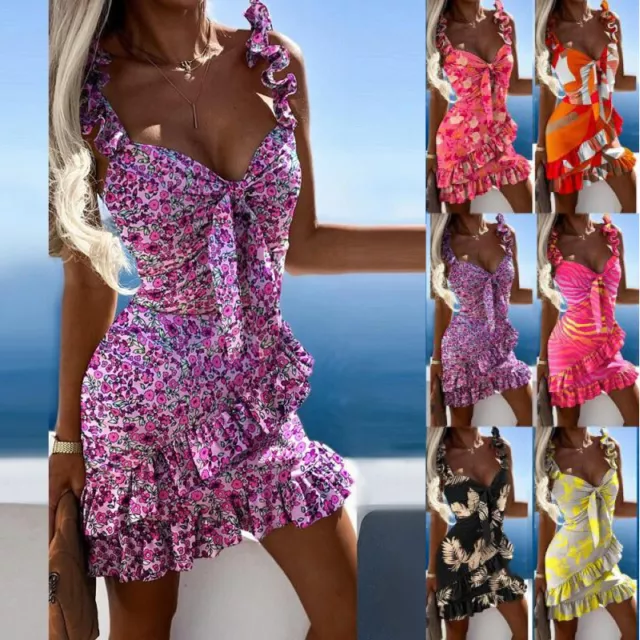 UK Women V-Neck Floral Ruffle Frill Dress Ladies Beach Holiday Strappy Sundress