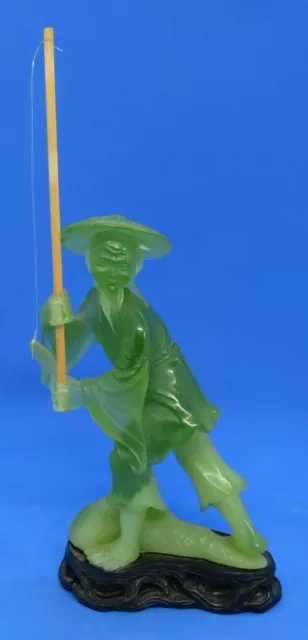 Chinese green resin vintage Art Deco oriental antique fisherman figurine