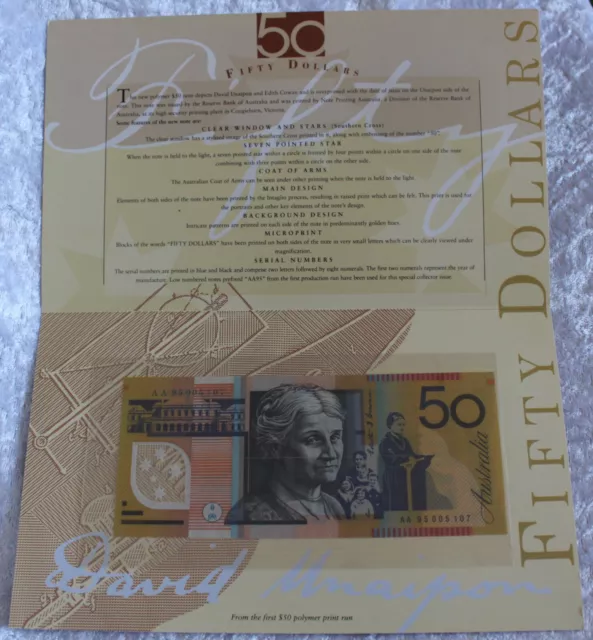 Australia 1995 First Prefix, Aa95, Fifty Dollar Polymer Banknote . In Folder