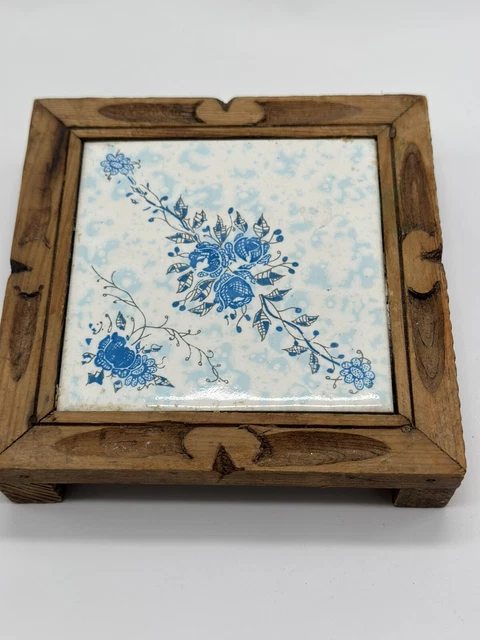 Art Pottery Trivet in Square Carved Hand Painted With Wood Stand Dal Tile