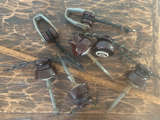 7 antique LOT LOCKE  Brown Glazed Porcelain Insulator Telephone Pole Antique