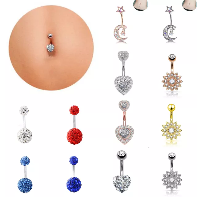 Women Navel Belly Button Rings Bar Crystal Flower Dangle Body Piercing Jewelry