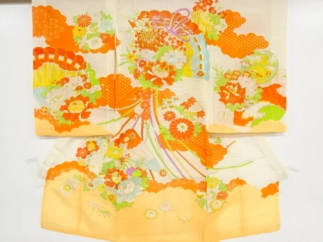 37585# Japanese Kimono / Antique Kimono For Girls / Embroidery / Flower Kusudama