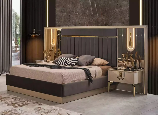 Juego de dormitorio cama 2х mesitas de noche madera oro juego 3 piezas Moderno