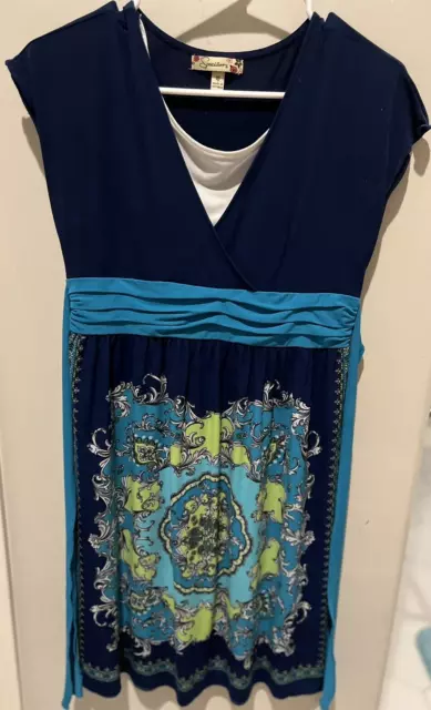Speechless dress  navy with turquoise belt skirt print top solid cap sleeves 16