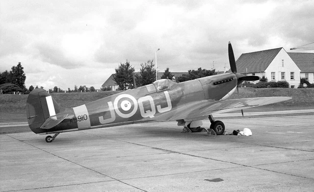Supermarine Spitfire VB, AB910 'QJ-J' at Leuchars, c1970 - original B&W neg