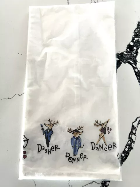 NEW RARE Pottery Barn Embroidered Reindeer Kitchen Cloth Hand towel Christmas