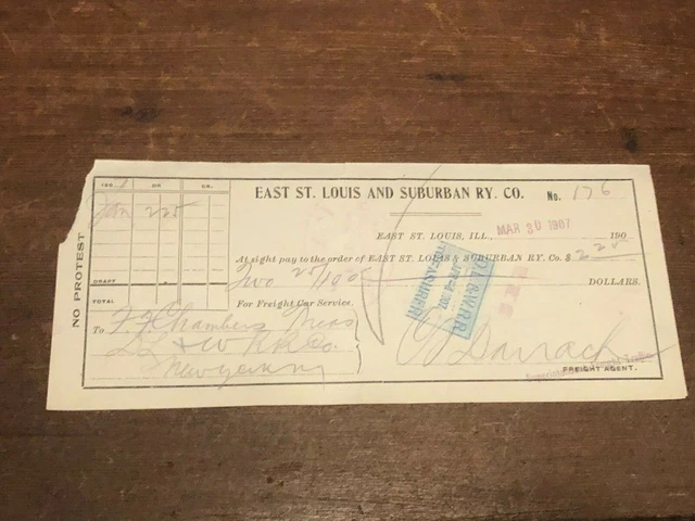 1907 East St. Louis IL Railroad Bank Check East St. Louis & Suburban Railway WoW