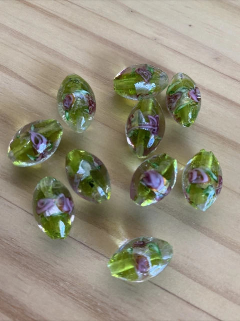 10 GREEN WITH PINK FLOWER SILVER FOIL OVAL- Lampwork Glass Beads   18mm JEWELRY