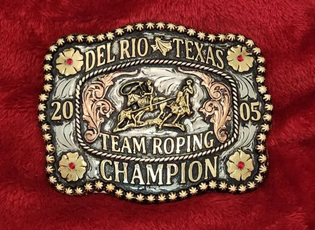 Team Roping Professiona Rodeo Champion Trophy Buckle☆Del Rio Texas☆2005☆Rare☆826