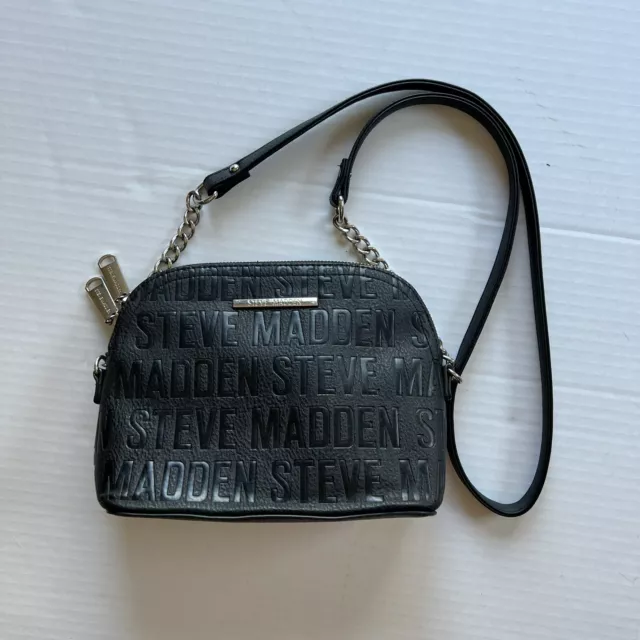 Steve Madden Black Dome Crossbody Silver Chain Strap Purse Bag Embossed Logo