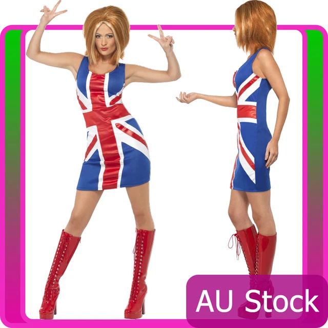 Ladies 90s Ginger Spice Girls Costume Union Jack Fancy Dress 1990s Pop Star 80s