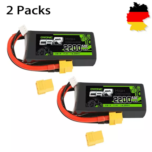 2X OVONIC 7,4V 50C 2200mAh 2S Lipo-Akku mit XT60 für for traxxas 1/16 Auto-LKW