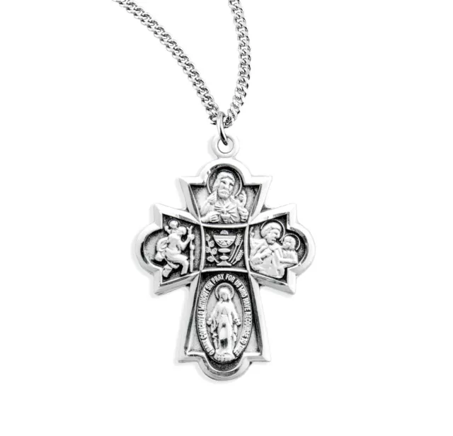 Sterling Silver Catholic 4-Way Cross Medal Pendant Necklace with Chalice Center