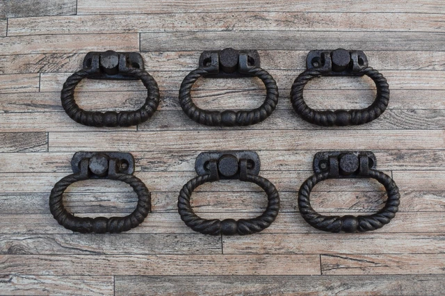 6x Vtg Cast Iron Drawer Cabinet Cupboard Ring Pull Drop Chest Handle Knob pulls