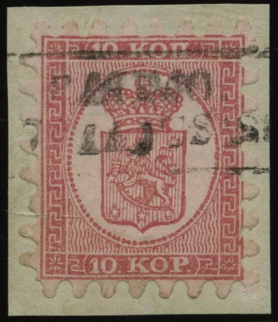 FINNLAND 1865, 10 K. rosakarmin auf rosa,  R2 RAUMO,  praktisch alle Zungen,