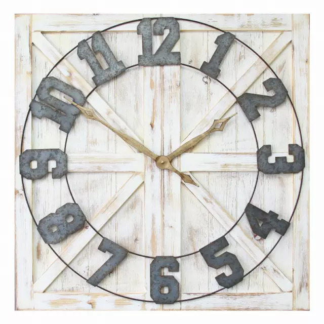 Rustic Farmhouse Wall Clock Distressed White, Galvanized Metal, Gold, Black