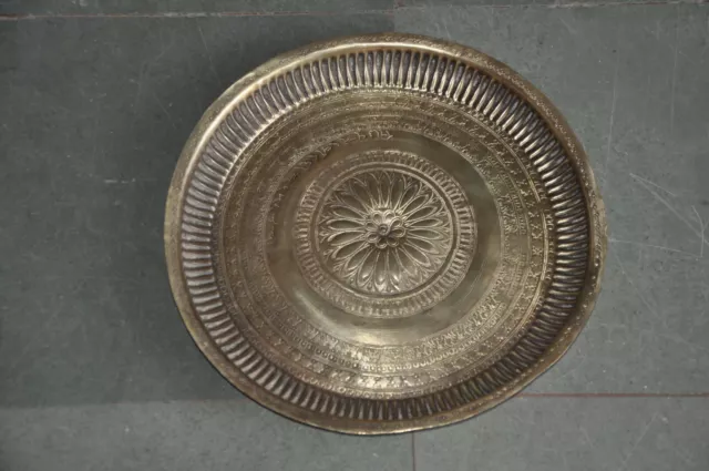 Old Brass Handcrafted Round Floral Engraved Unique Shape Tray/Plate