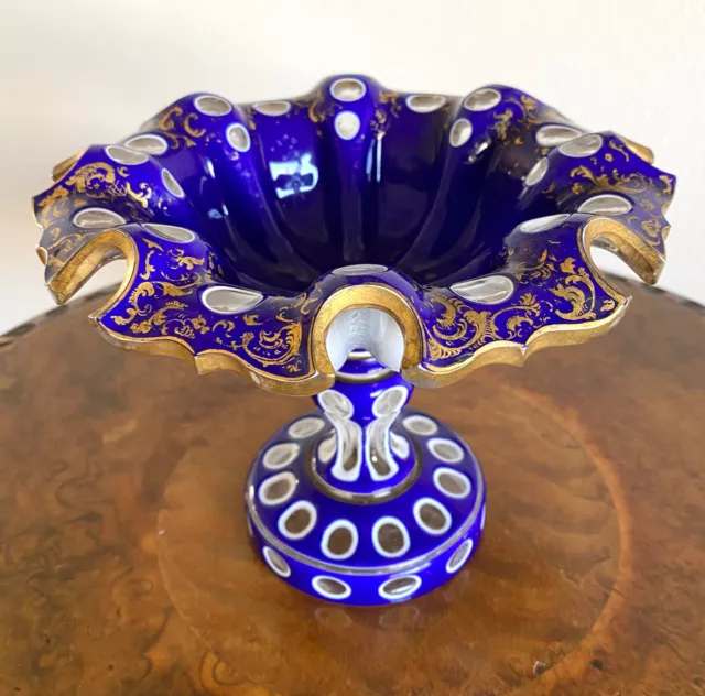 Elegant Antique Bohemian Cobalt Blue , TriColored Cut to Clear, Footed Dish