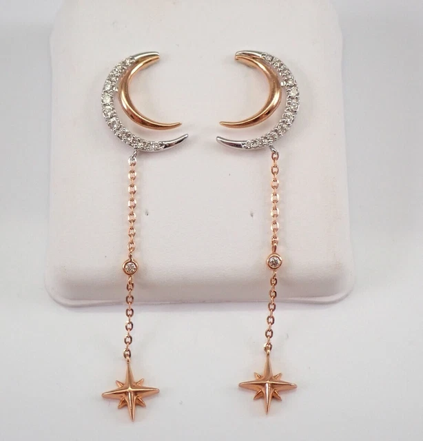 Star and Moon Real Moissanite 14K Rose and White Gold Plated Dangle Earrings