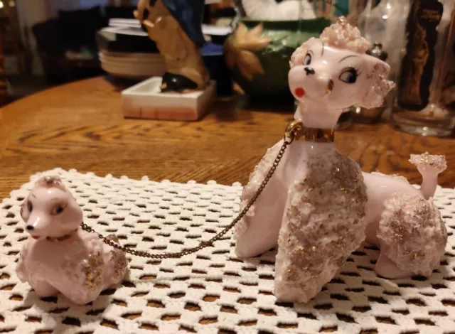 Vintage Pink Spaghetti Poodle Mom & Pup on Chain Figurines NICE