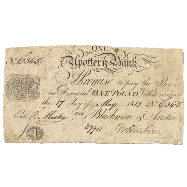 Upottery Bank 1813 £1 banknote Outing 2229a
