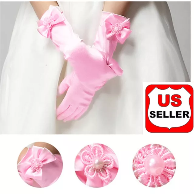 Elegant Pearl  Bow Flower Girls Dress Long White Gloves for Kids Baby 3-12 Years