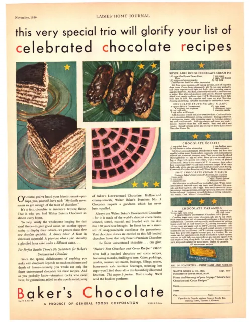 PRINT AD BAKER'S Chocolate 1930 Eclairs Pie Caramel Recipe Magazine 13. ...