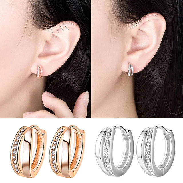 Fashion Double Layer Earrings Jewellery Rose Gold / Silver Crystal Huggie H ❥