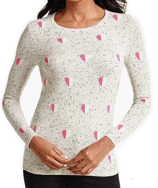 TALBOTS 100% Pure Cashmere Heart Sweater Valentines Day Holiday Gray Pink Sz XS