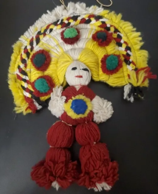 Vintage South American Yarn Hanging  Doll 11” Rare color combination
